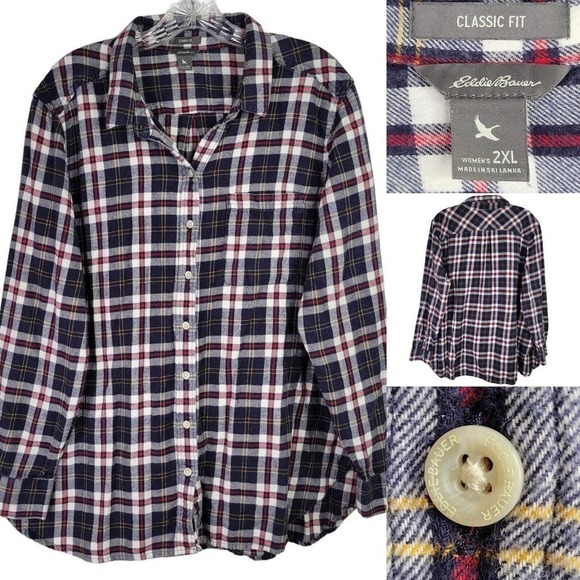 Eddie Bauer Flannel Shirt Women's Plus 2XL Blue Red Plaid Long Sleeve Button Up - Picture 1 of 8